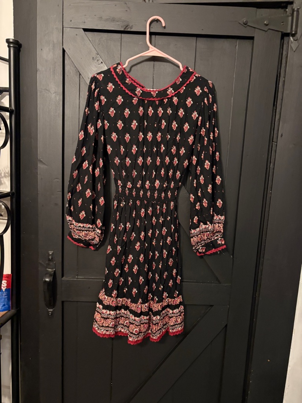 Angie Black Floral Top with Red Trim